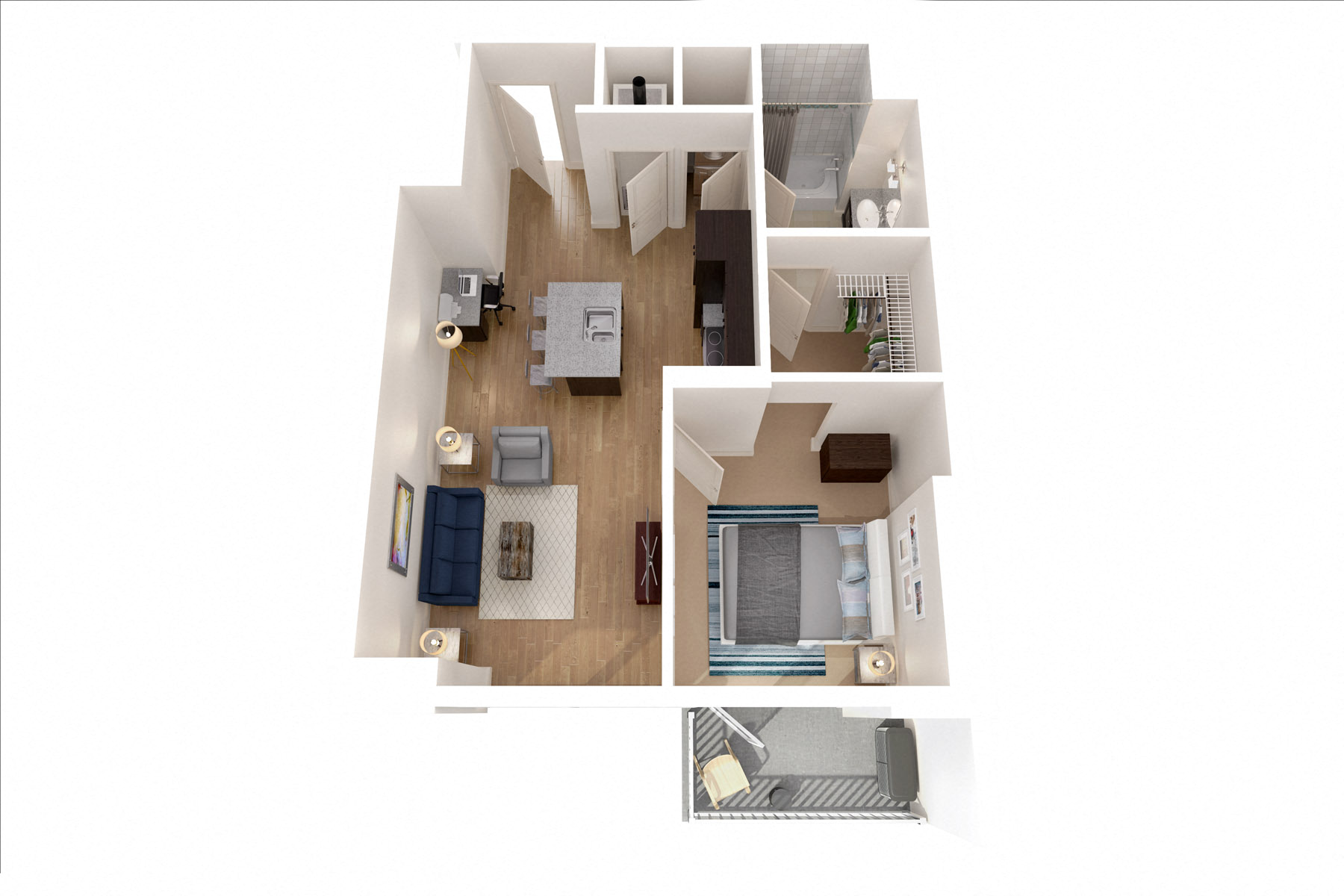 Floor plan for 1 bed, 1 bath, 691 sqft